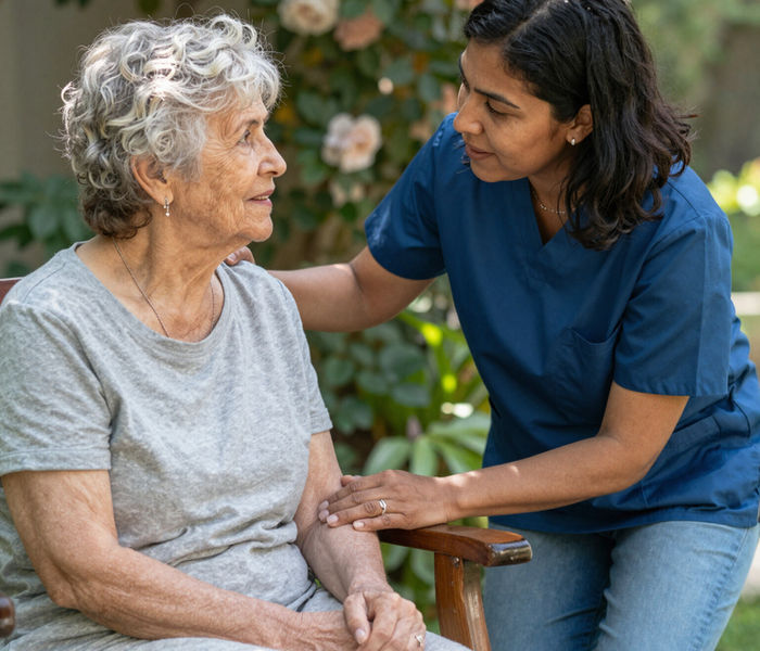 A caregiver and an older woman sharing a warm moment at home