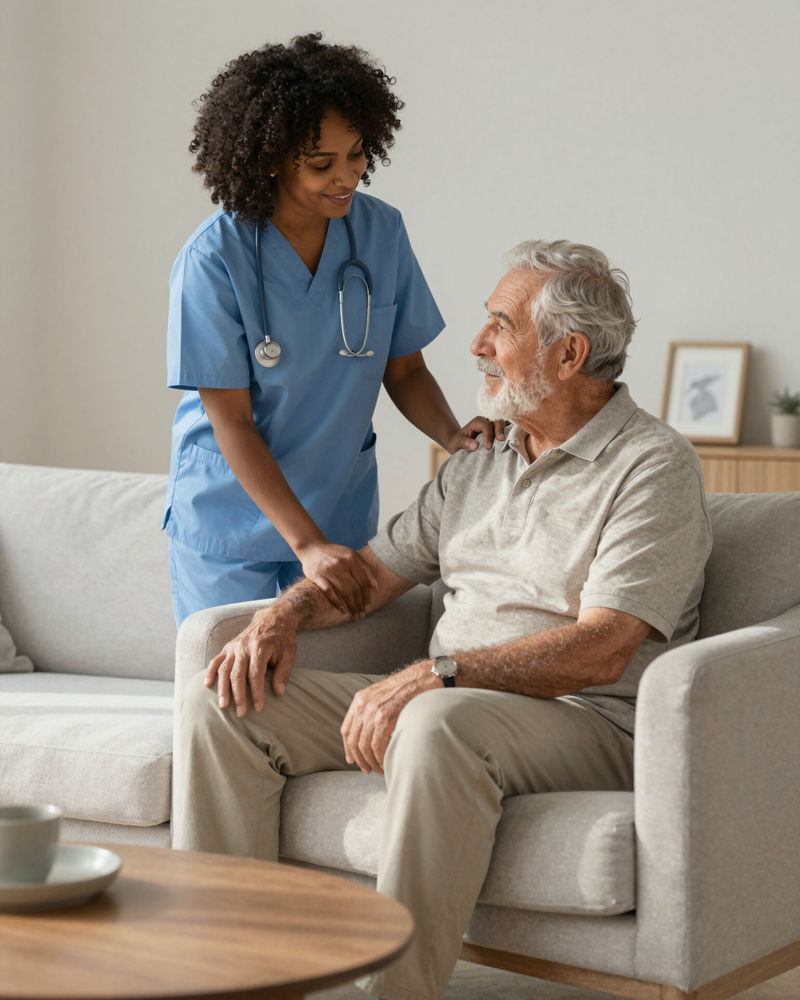 A caregiver in blue scrubs sitting beside a smiling older man on a sofa at home