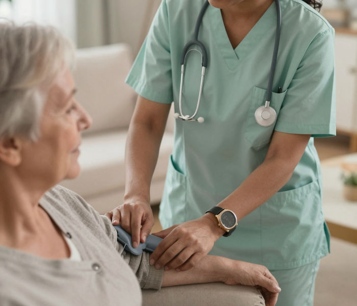 A nurse in teal scrubs checking on an older woman seated at home
